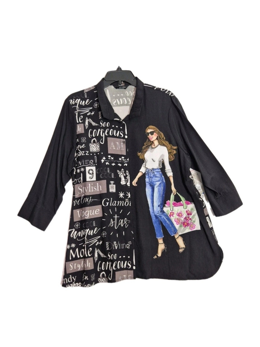 Ali Miles Women Top Size PXL Embellished Tunic 3/4 Sleeve Button Front Black  57